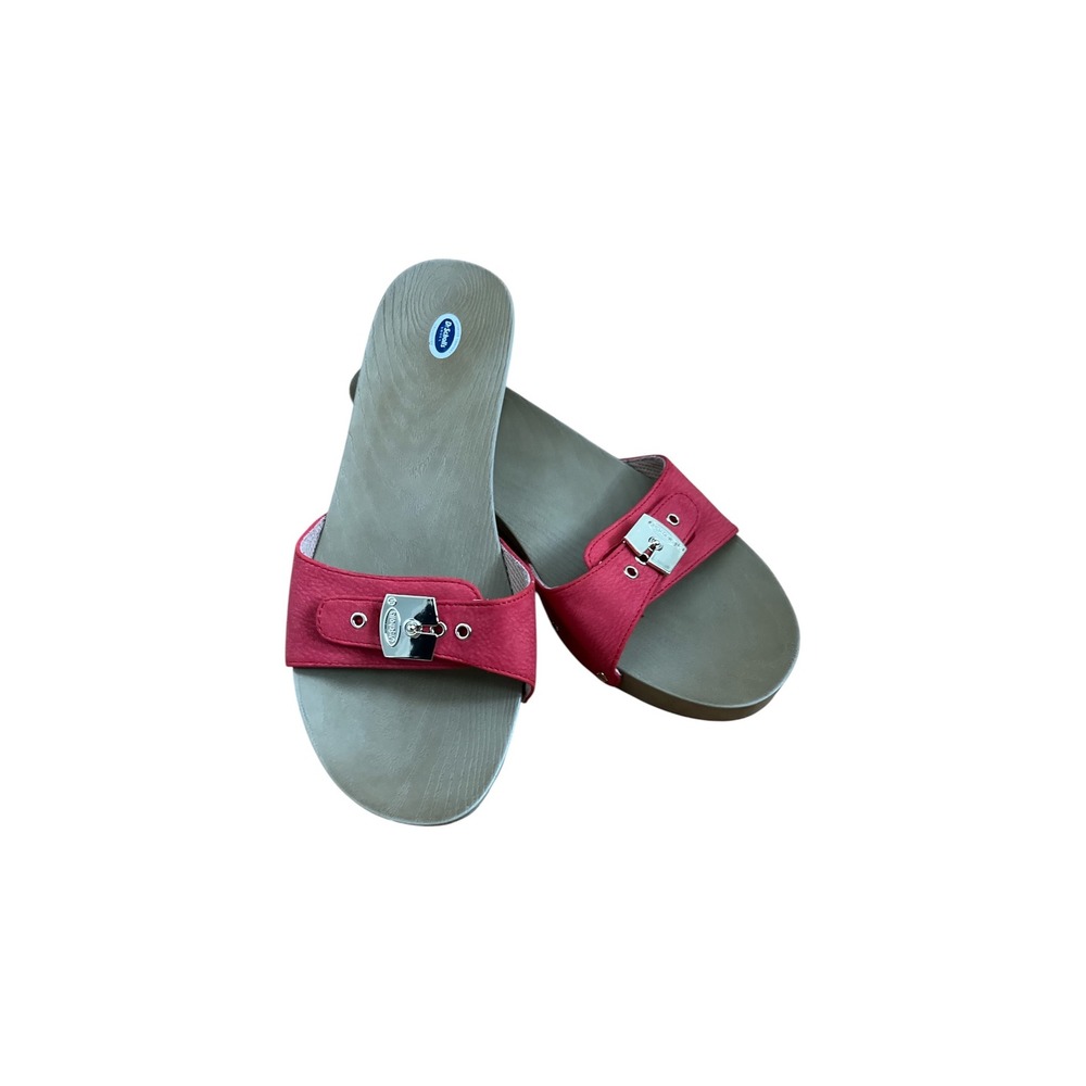 Vintage Dr. Scholl's Faux Wood Slide Sandals / Y2K Red Buckle size 10